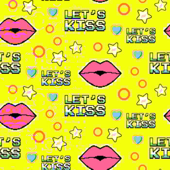 seamess pattern with kisses in retro pixel art style. Celebration of Valentine's day in the style of games of 90s. Perfect for wrapping paper or textile. vector