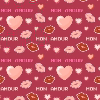 seamess pattern with hearts and kisses in retro pixel art style. Celebration of Valentine's day in the style of games of 90s. Perfect for wrapping paper or textile. vector