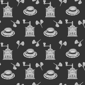 Seamless pattern with coffee illustrations in linocut style. Retro style of elements, consist coffee grinder and cup vector
