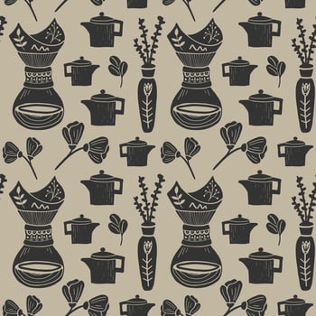 Seamless pattern with coffee illustrations in linocut style. Retro style of elements, consist pot, pourover and floral objects vector