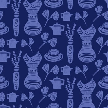 Seamless pattern with coffee illustrations in linocut style. Retro style of elements, consist pot, pourover and floral objects vector