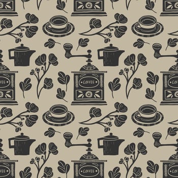 Seamless pattern with coffee illustrations in linocut style. Retro style of elements, consist coffee grinder and cup vector