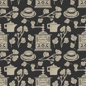 Seamless pattern with coffee illustrations in linocut style. Retro style of elements, consist coffee grinder and cup vector