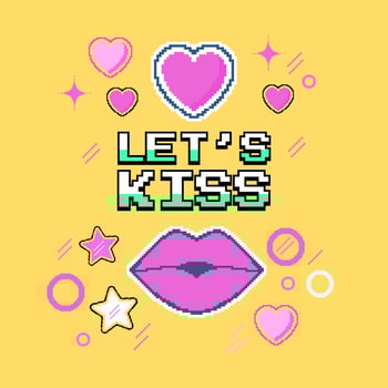 Let's kiss - pixel art illustration. Square gift card or poster for Valentine's day, with hearts, stars and kisses. Retro style with neon colors. vector