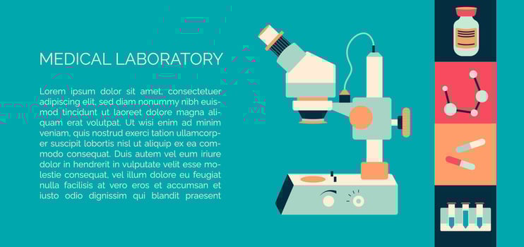 flyer design template of medical laboratory with chemical elements like microscope, pills, flask and other scientific equipment vector