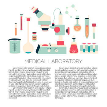 brochure design template of medical laboratory with chemical elements like microscope, pills, flask and other scientific equipment vector
