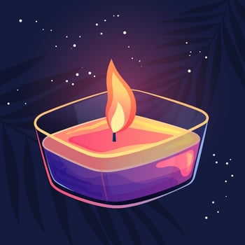 Glowing wax candle with flame in cartoon style. Magic candlelight and purple colors. Decoration for wellness and spa. vector