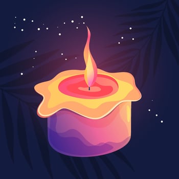 Glowing wax candle with flame in cartoon style. Magic candlelight and purple colors. Decoration for wellness and spa. vector