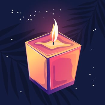 Glowing wax candle with flame in cartoon style. Magic candlelight and purple colors. Decoration for wellness and spa. vector