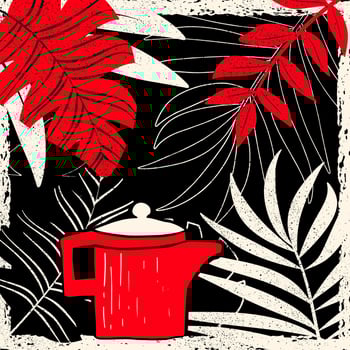 Grunge coffee illustration, square composition. Leaves and a pot in hand drawn style. Linocut, blockprint style. Limited pallete with black, red and white colors. vector