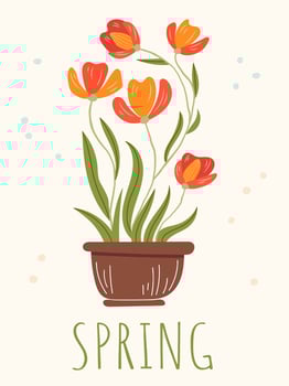 Spring composition for a card or postcard. Illustration with hand drawn decorative elements, isolated on white background. Cute flowers in a pot. vector