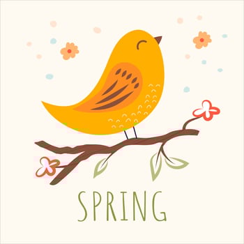 Spring composition for a card or postcard. Illustration with hand drawn decorative elements, isolated on white background. Cute bird on a brunch. vector