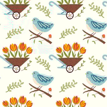 Seamless pattern with spring flowers in garden trolley and cute bird on brunch. Colorful floral illustration on white background. vector