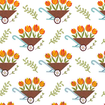 Seamless pattern with spring flowers in garden trolley. Colorful floral illustration on white background. vector