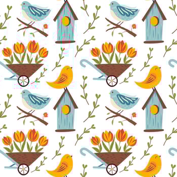 Seamless pattern with cute birds and birdhouse and spring flowers in garden trolley. Colorful floral illustration on white background. vector