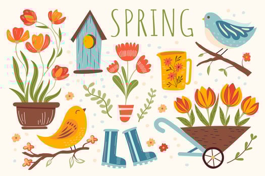 Big set of spring elements isolated on white background. Flowers in pot, cute birds and birdhouse, wellies, and tulips in garden trolley. vector