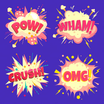 Set of speech bubbles - pow, poof, crush, yeah. Cartoon colorful explosions on halftone background vector