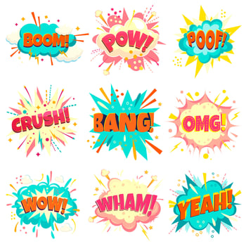 Big set of speech bubbles - pow, boom, poof, crush, bang, omg, wow, wham, yeah. Cartoon explosions isolated on white background. vector