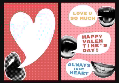 Valentines day halftone collage cards set. Lips with speech bubbles and text on dotted background. Modern retro posters, postcards, banner templates, pop art illustration vector