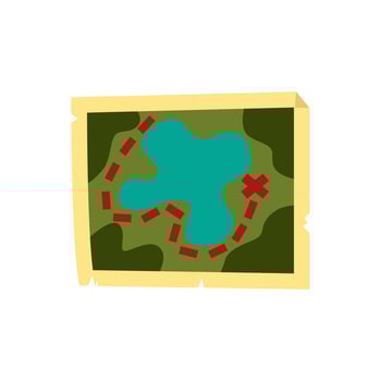 Map for travelling. A hiking map with a destination marked with a cross. Isolated icon on white background in cartoon style. illustration vector