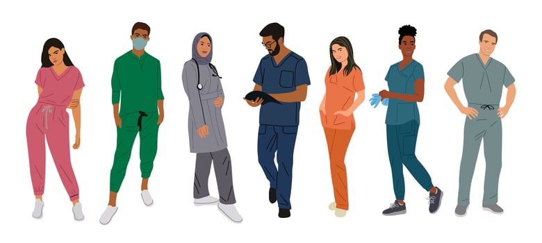 Multiracial team of medic workers in scrubs vector