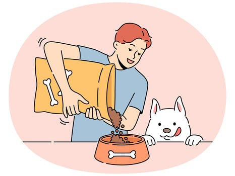 Smiling man give food from package to dog vector