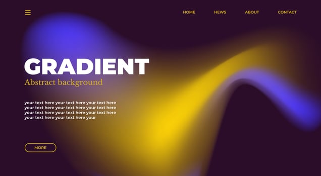 Abstract gradient web page design template, background with smooth blur shapes and sample text, copy space. Yellow, blue and black color.Copy space.Wavy liquid gradient mesh.Grapic design. vector
