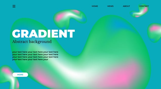 Abstract gradient web page design template, background with smooth blur shapes and sample text, copy space.Green, blue.pink and black color.Copy space.Wavy liquid gradient mesh.Grapic design. vector
