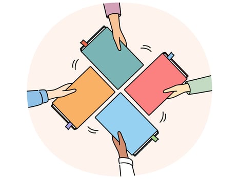 People exchange books at event vector