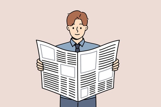 Man reads business newspaper to learn about news from large corporations or looks for job ads vector
