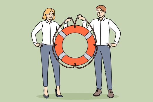 Two managers are holding lifeline offering business help and support or crisis management services vector