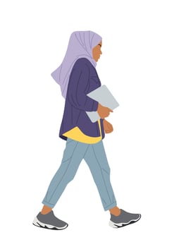 Young muslim girl walking to college, university. vector