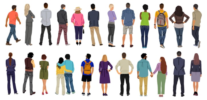 Bundle of diverse People Standing Rear View. vector