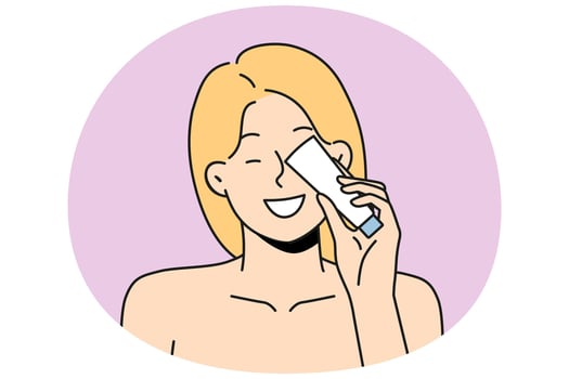 Smiling woman with beauty product bottle vector