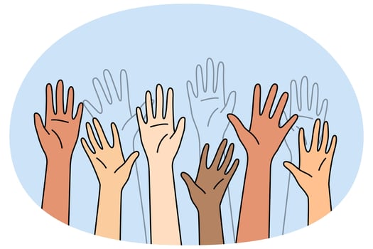 Multiracial people hands raise in air vector
