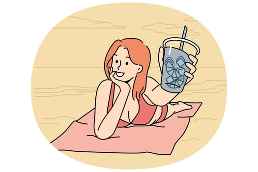 Smiling woman in bikini lying on beach vector