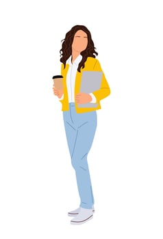 Pretty young business woman standing with laptop. vector