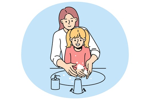 Happy mother and daughter washing hands vector