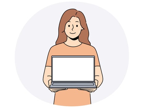 Smiling woman with open mockup laptop vector