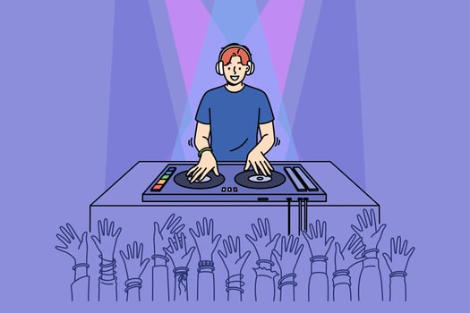 Man DJ performs in nightclub spinning records on mixing console, near partygoers hands vector