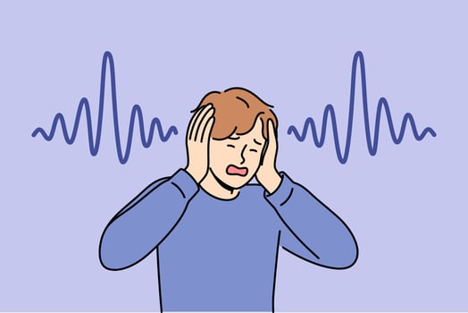 Man who has lost hearing clasps hands and screams, experiencing panic due to symptoms of disease vector