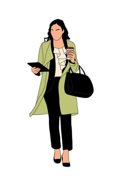 Business woman walking, with coffee cup and bag. vector