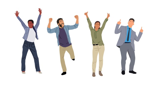 Happy people celebrating victory, their arms up. vector