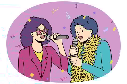 Smiling people sing in microphones on party vector