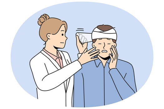 Doctor put bandage on man with head injury vector