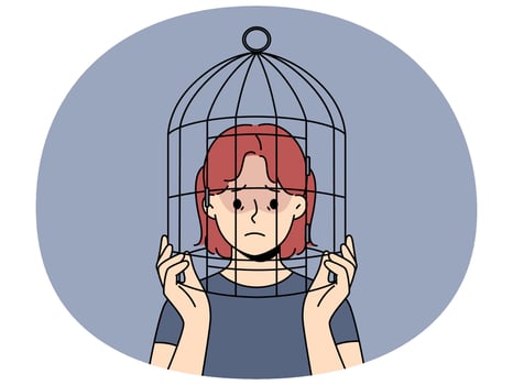 Unhappy teen girl with head in birdcage vector