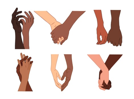 Set of interracial couple hands holding together. vector