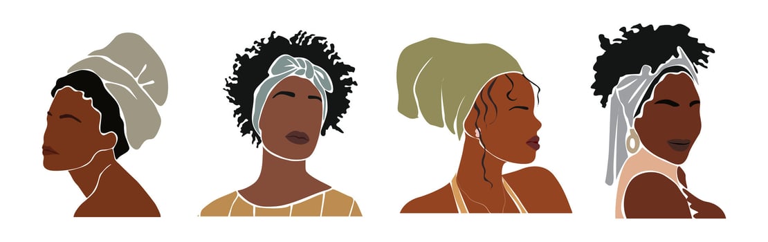 Four women with different hairstyles and headwear. The women are smiling and appear to be happy vector