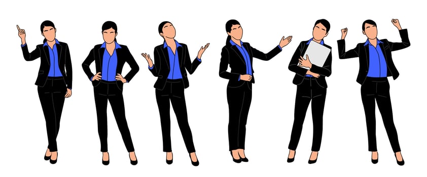 A woman in a suit is posing for a picture. She is wearing a blue shirt and black pants. She is standing in a line with other women in suits. Scene is professional and serious vector