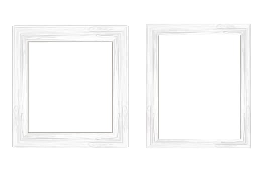 Wooden white frame, textured, detailed border in cartoon style isolated on white background. Rustic, retro vector